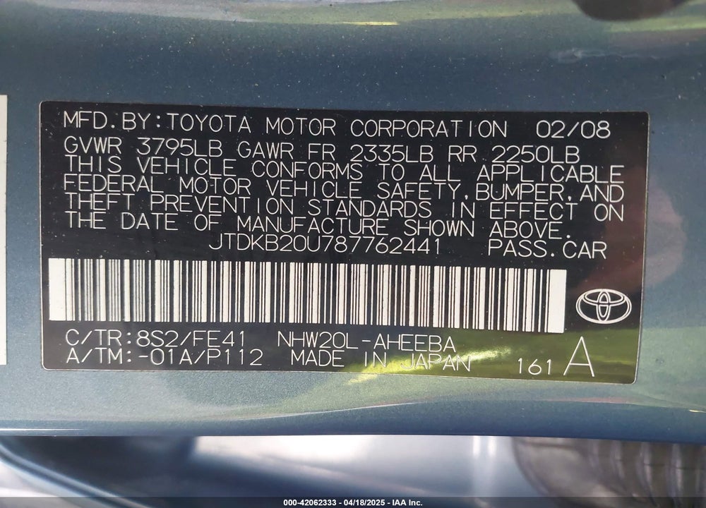 2008 TOYOTA PRIUS VIN: JTDKB20U787762441