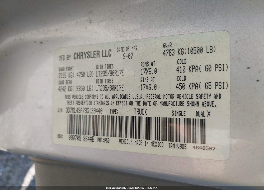 2008 DODGE RAM 3500 SXT/SLT VIN: 3D7ML49A78G139440