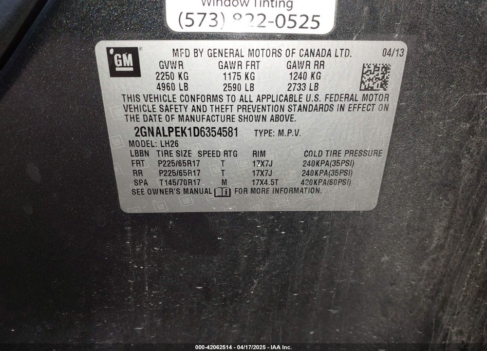 2013 CHEVROLET EQUINOX 2LT VIN: 2GNALPEK1D6354581