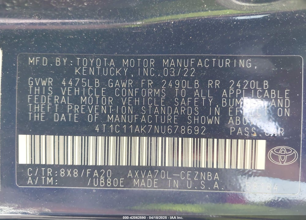 2022 TOYOTA CAMRY VIN: 4T1C11AK7NU678692