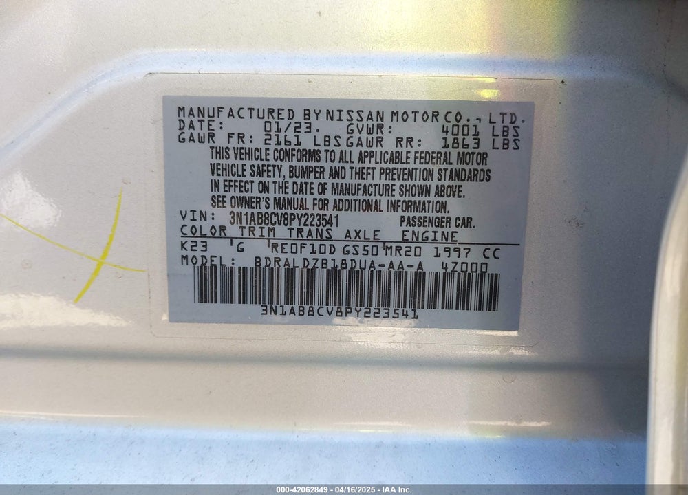 2023 NISSAN SENTRA VIN: 3N1AB8CV8PY223541