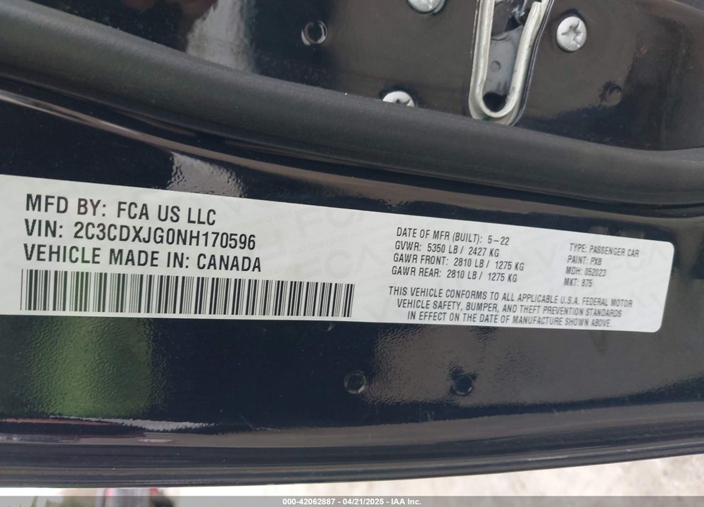 2022 DODGE CHARGER VIN: 2C3CDXJG0NH170596