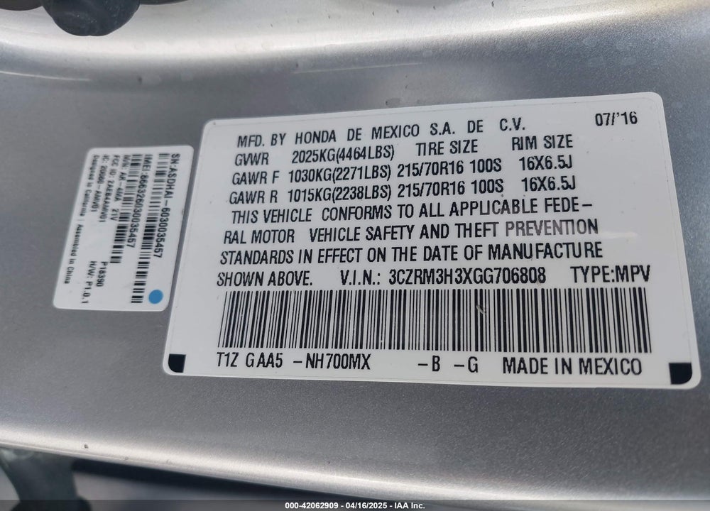 2016 HONDA CR-V VIN: 3CZRM3H3XGG706808