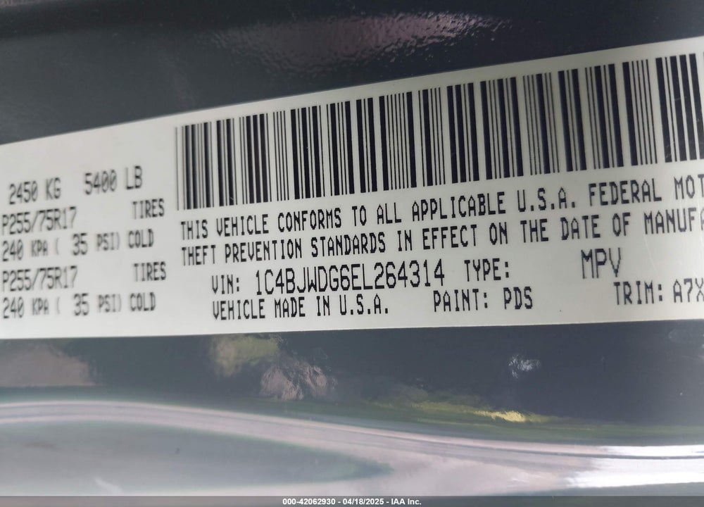 2014 JEEP WRANGLER UNLIMITED VIN: 1C4BJWDG6EL264314