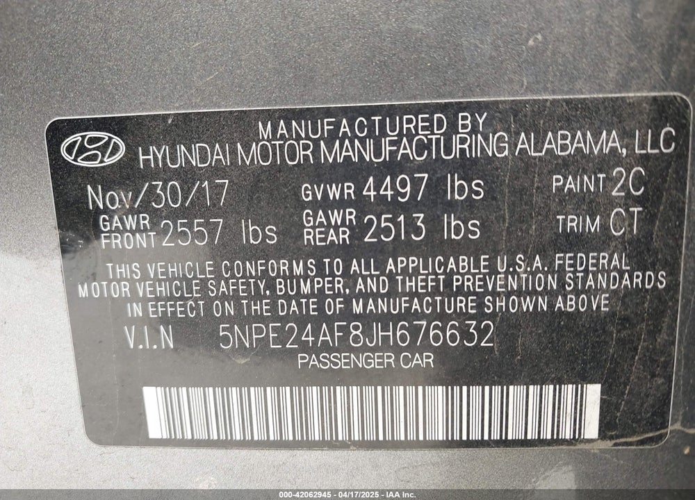2018 HYUNDAI SONATA VIN: 5NPE24AF8JH676632