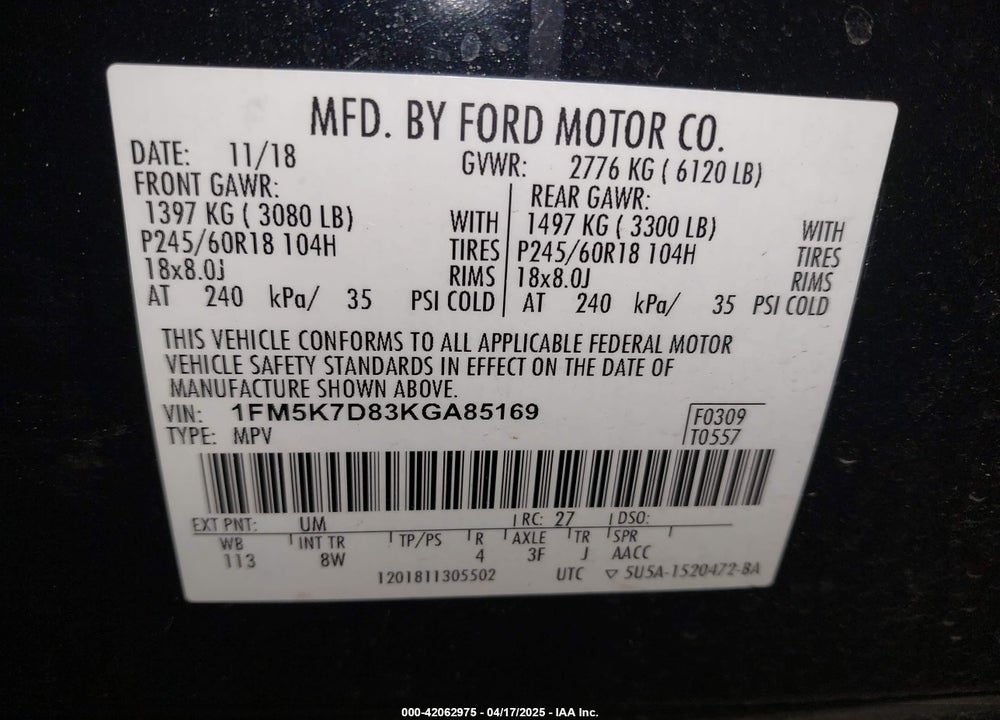 2019 FORD EXPLORER XLT VIN: 1FM5K7D83KGA85169