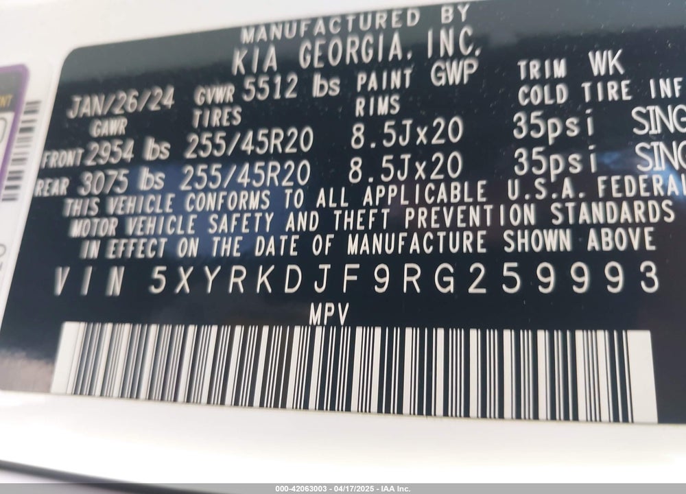 2024 KIA SORENTO X-LINE SX VIN: 5XYRKDJF9RG259993