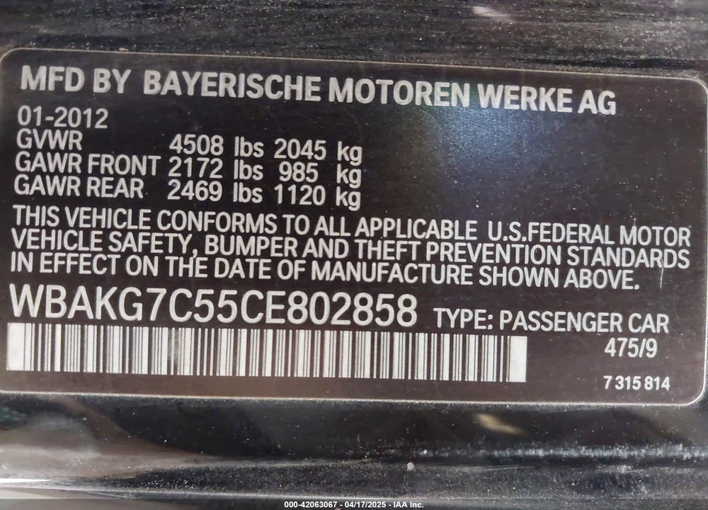 2012 BMW 335I VIN: WBAKG7C55CE802858