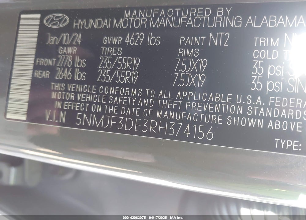 2024 HYUNDAI TUCSON VIN: 5NMJF3DE3RH374156