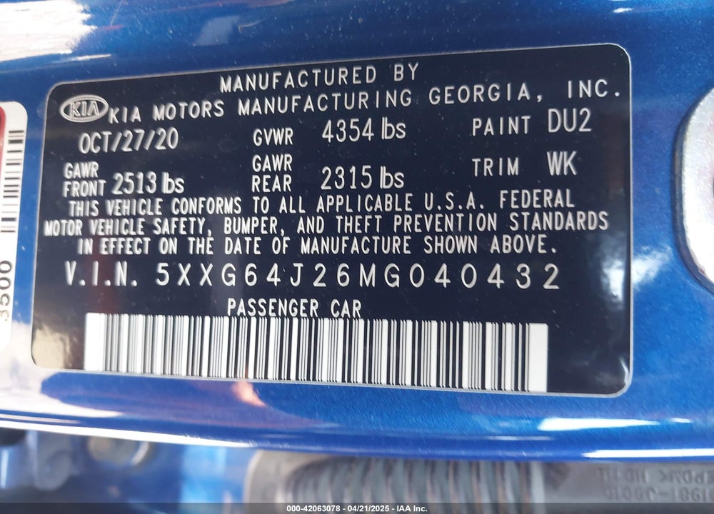 2021 KIA K5 VIN: 5XXG64J26MG040432