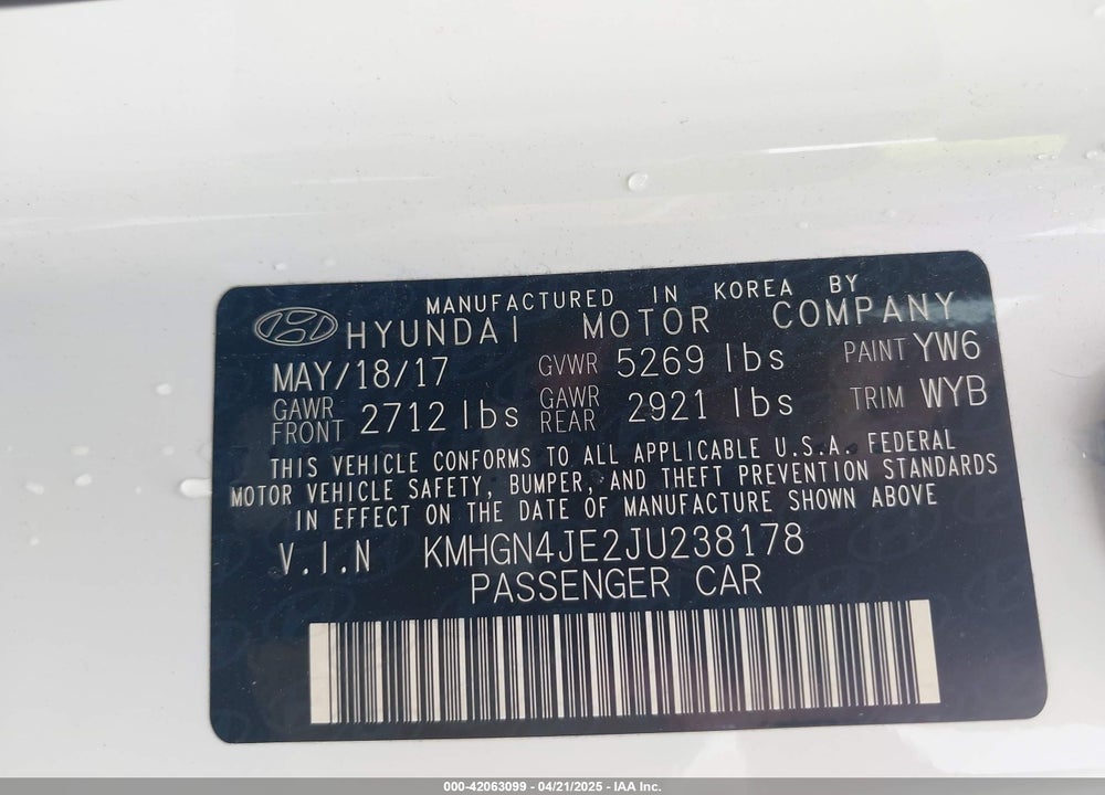 2018 GENESIS G80 3.8 VIN: KMHGN4JE2JU238178