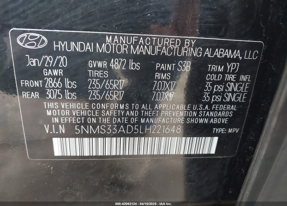 2020 HYUNDAI SANTA FE SEL VIN: 5NMS33AD5LH221648