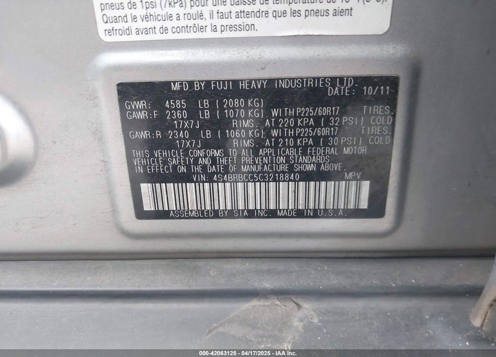 2012 SUBARU OUTBACK VIN: 4S4BRBCC5C3218840