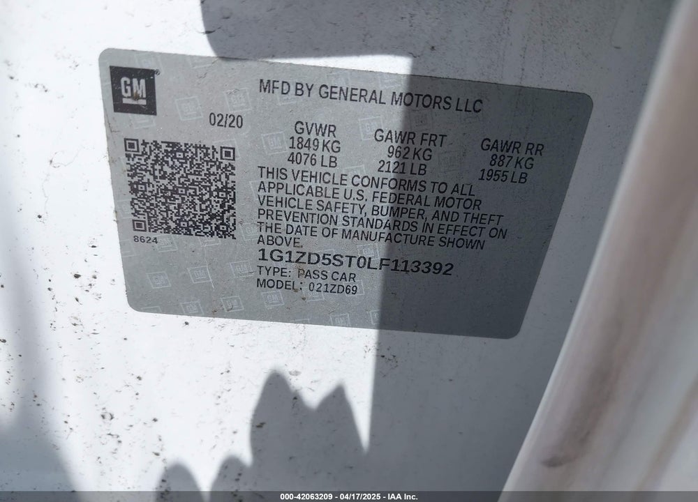 2020 CHEVROLET MALIBU FWD LT VIN: 1G1ZD5ST0LF113392