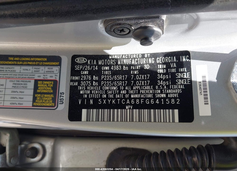 2015 KIA SORENTO VIN: 5XYKTCA68FG641582