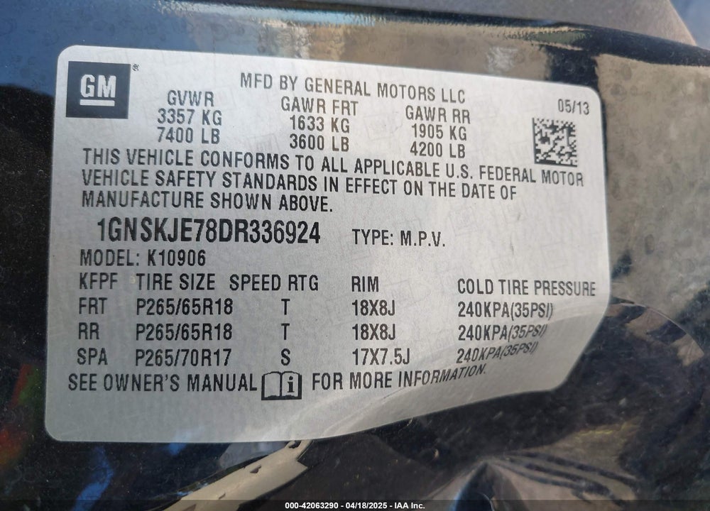 2013 CHEVROLET SUBURBAN 1500 VIN: 1GNSKJE78DR336924