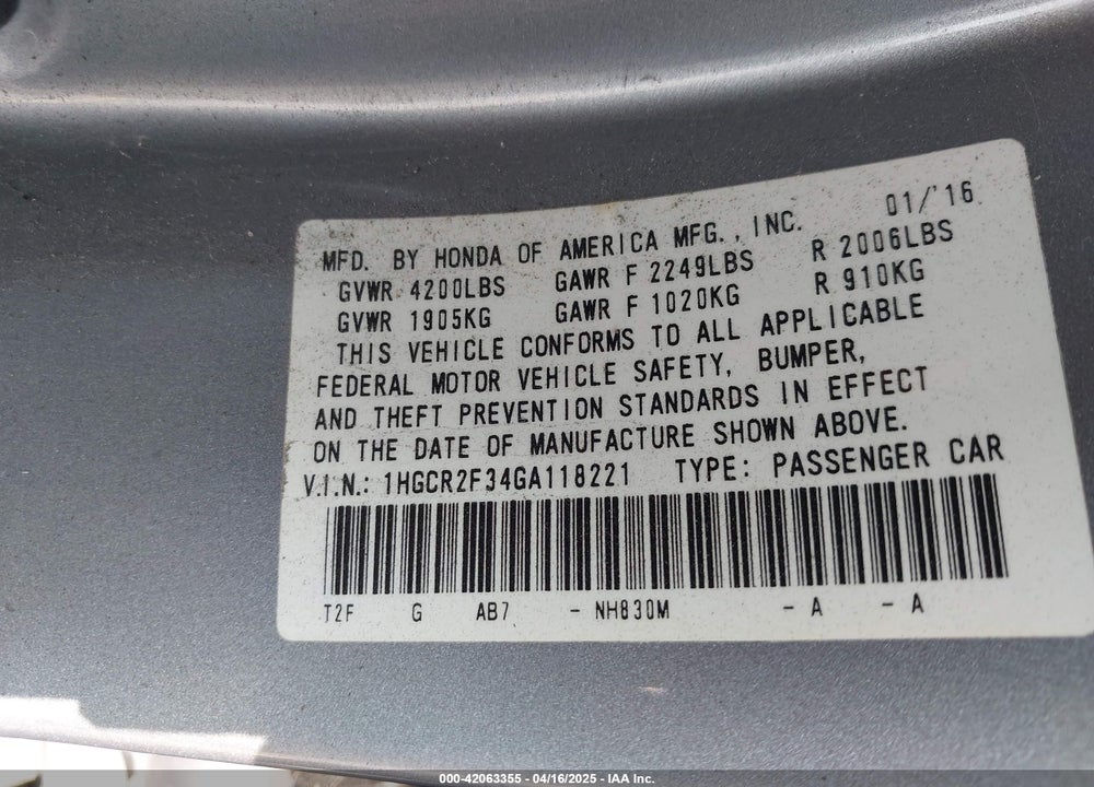 2016 HONDA ACCORD LX VIN: 1HGCR2F34GA118221
