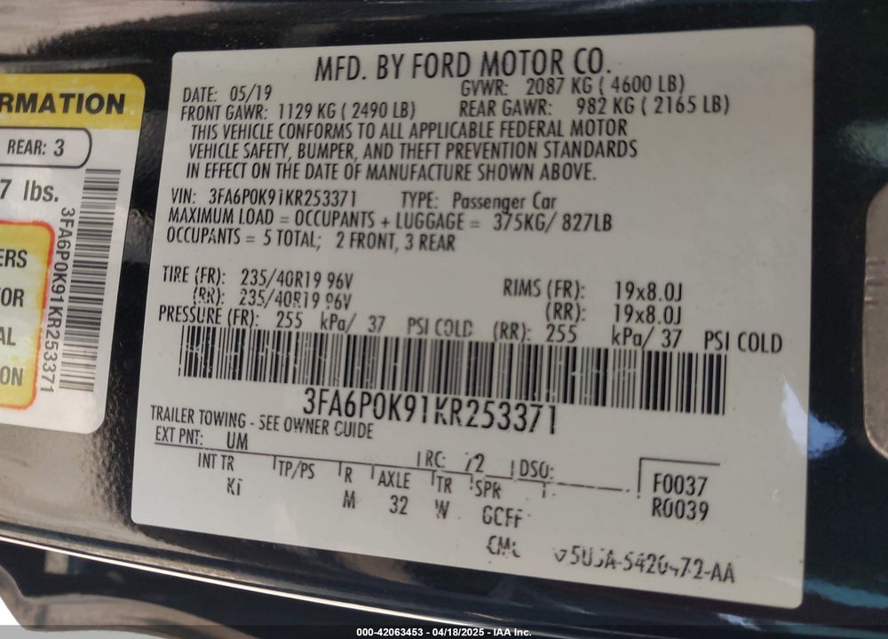 2019 FORD FUSION VIN: 3FA6P0K91KR253371