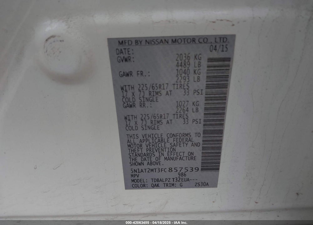 2015 NISSAN ROGUE S VIN: 5N1AT2MT3FC857539