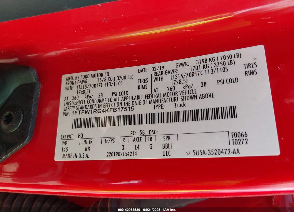 2019 FORD F-150 VIN: 1FTFW1RG4KFB17515