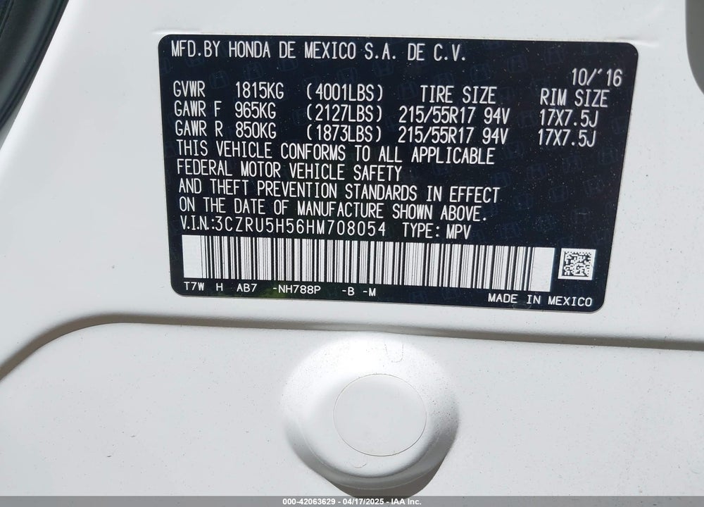 2017 HONDA HR-V VIN: 3CZRU5H56HM708054