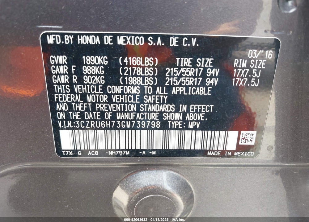 2016 HONDA HR-V EX-L VIN: 3CZRU6H73GM739798