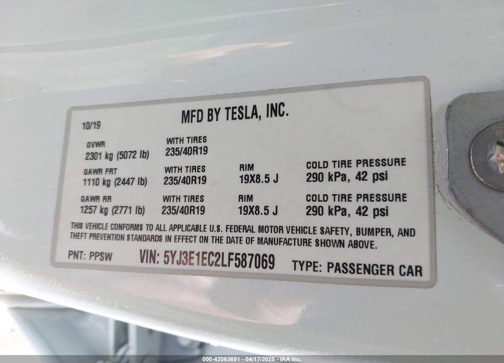 2020 TESLA MODEL 3 VIN: 5YJ3E1EC2LF587069