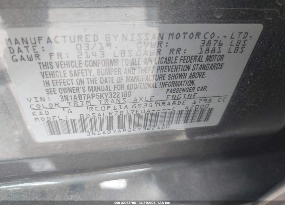 2019 NISSAN SENTRA VIN: 3N1AB7AP5KY322180