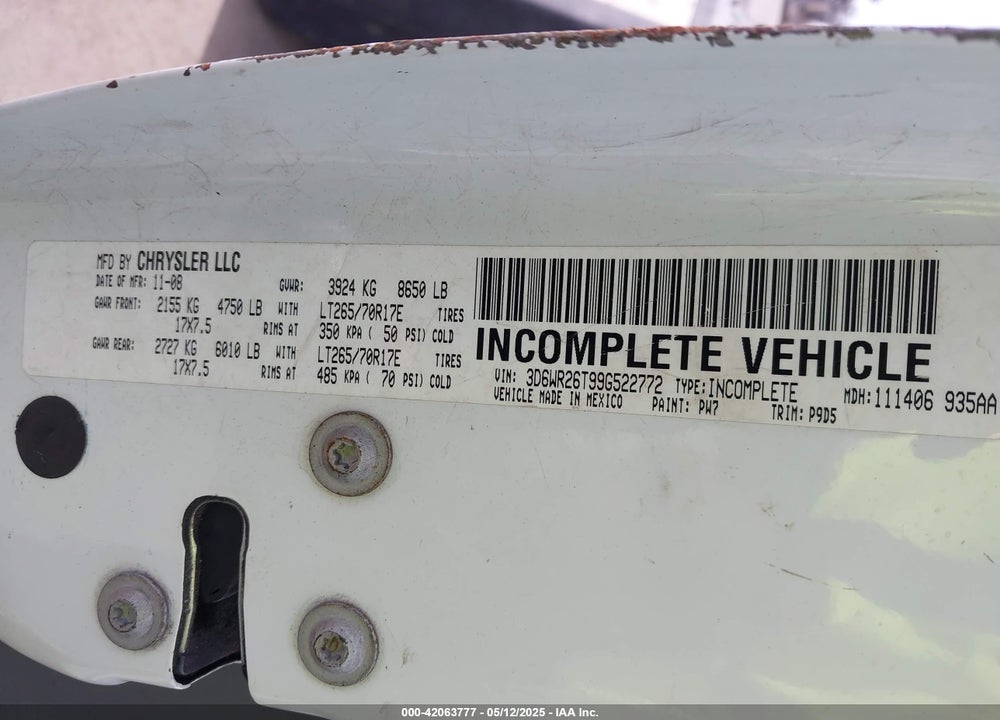 2009 DODGE RAM 2500 VIN: 3D6WR26T99G522772