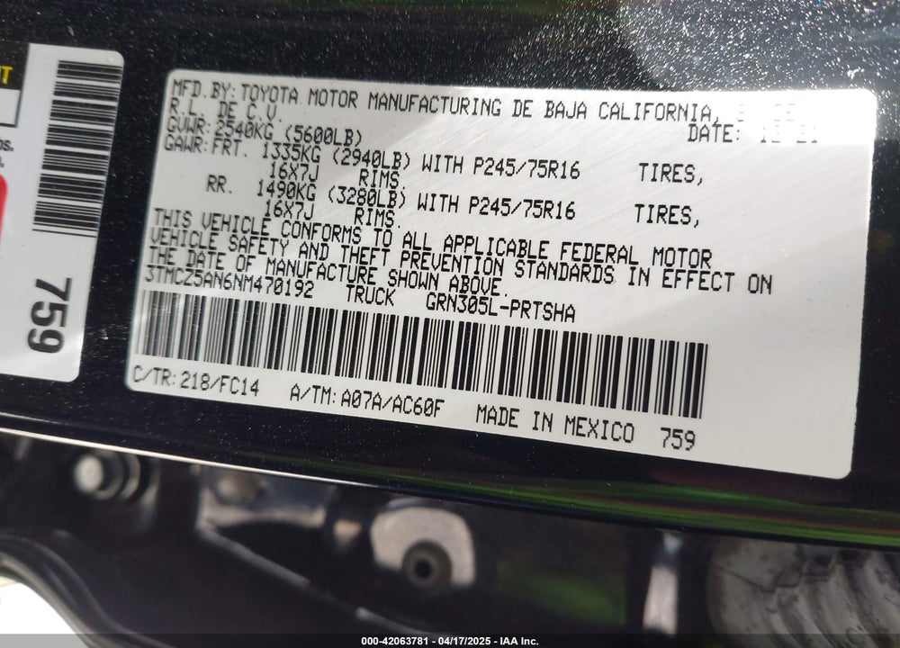 2022 TOYOTA TACOMA SR5 V6 VIN: 3TMCZ5AN6NM470192