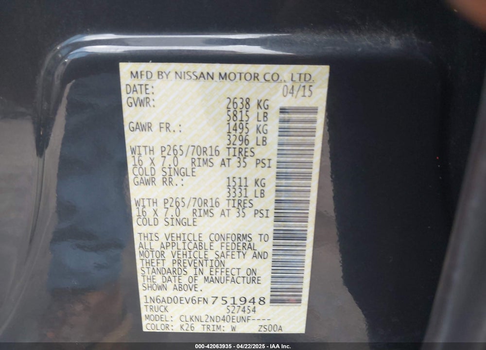 2015 NISSAN FRONTIER VIN: 1N6AD0EV6FN751948