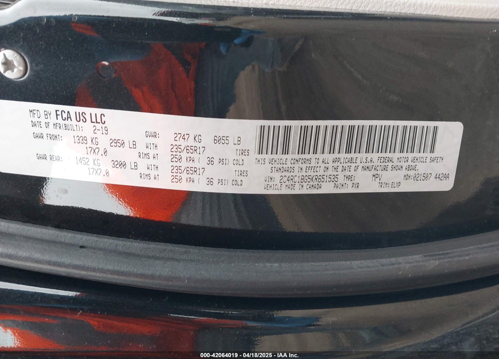 2019 CHRYSLER PACIFICA VIN: 2C4RC1BG5KR651535