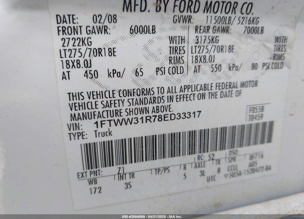 2008 FORD F-350 FX4/HARLEY-DAVIDSON/KING RANCH/LARIAT/XL/XLT VIN: 1FTWW31R78ED33317