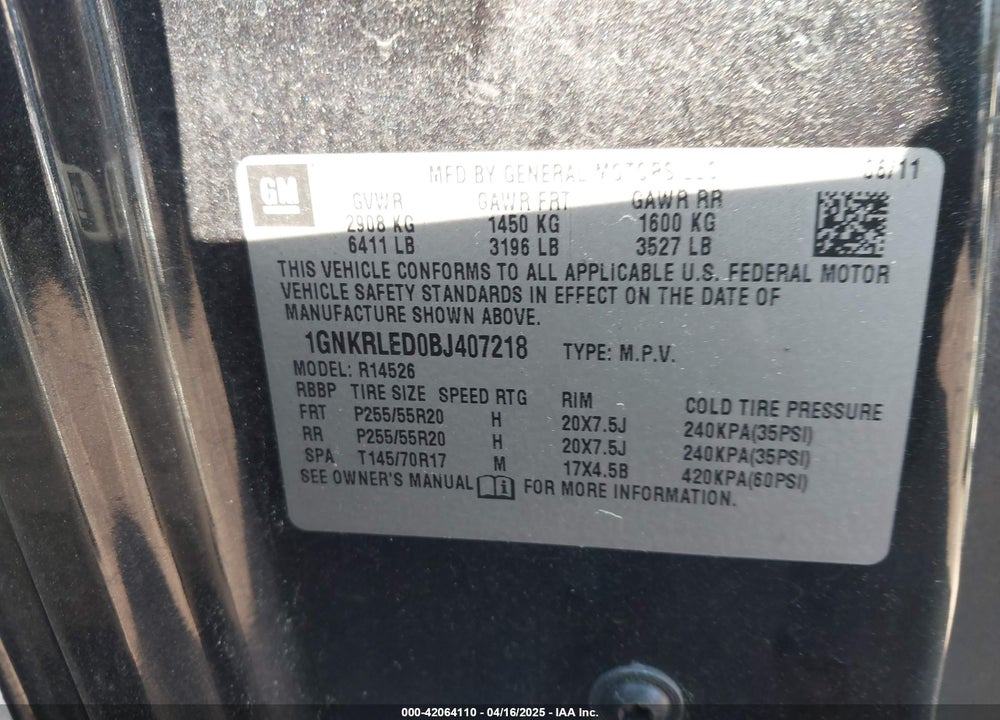 2011 CHEVROLET TRAVERSE LTZ VIN: 1GNKRLED0BJ407218