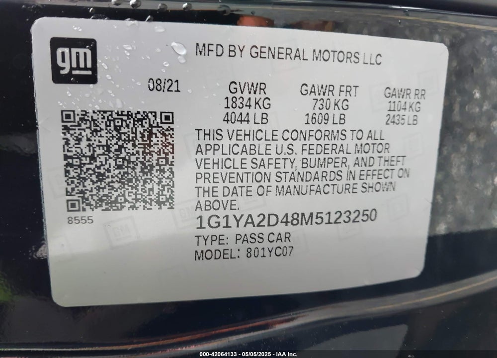 2021 CHEVROLET CORVETTE STINGRAY VIN: 1G1YA2D48M5123250