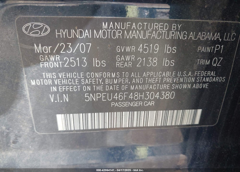 2008 HYUNDAI SONATA VIN: 5NPEU46F48H304380