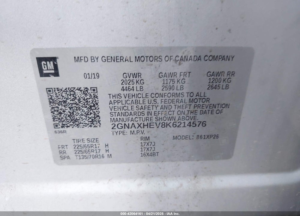 2019 CHEVROLET EQUINOX VIN: 2GNAXHEV8K6214576