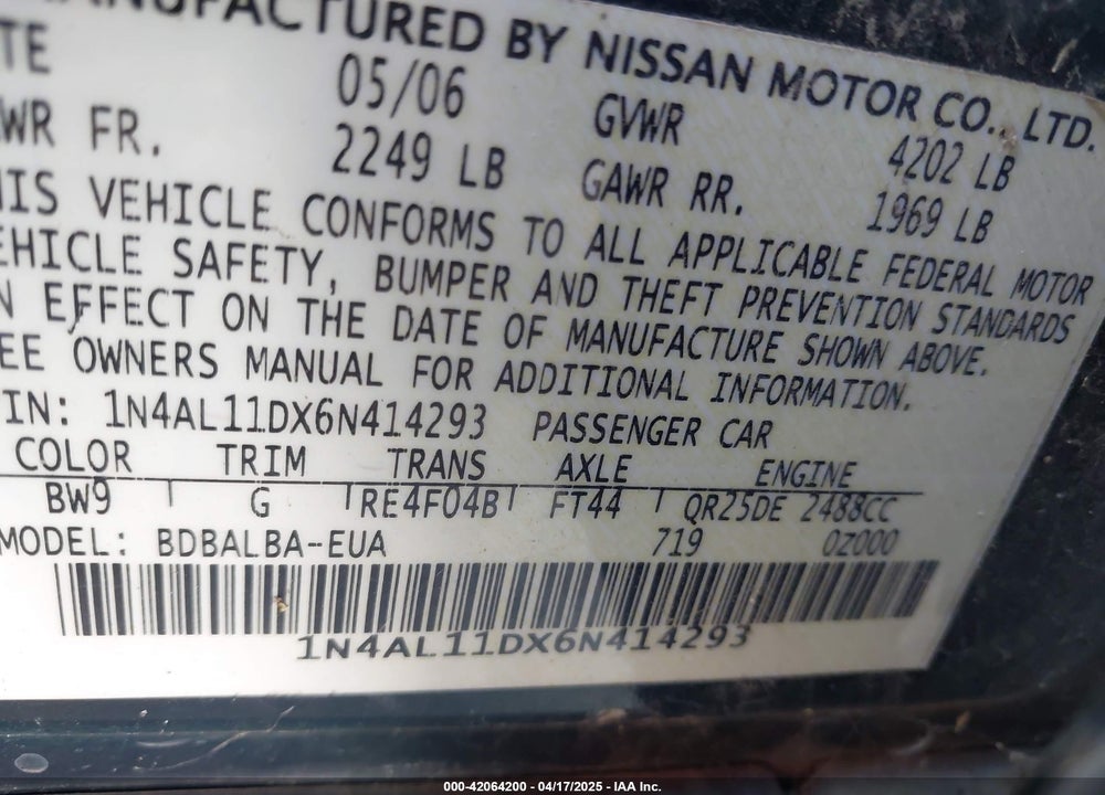 2006 NISSAN ALTIMA VIN: 1N4AL11DX6N414293