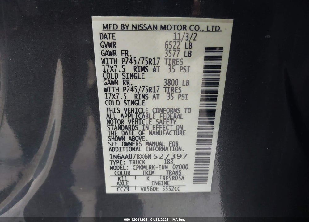 2006 NISSAN TITAN XE VIN: 1N6AA07BX6N527397