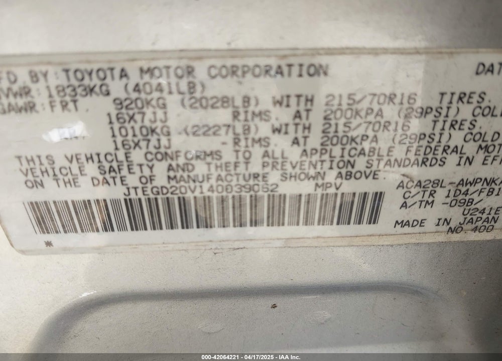 2004 TOYOTA RAV4 VIN: JTEGD20V140039062
