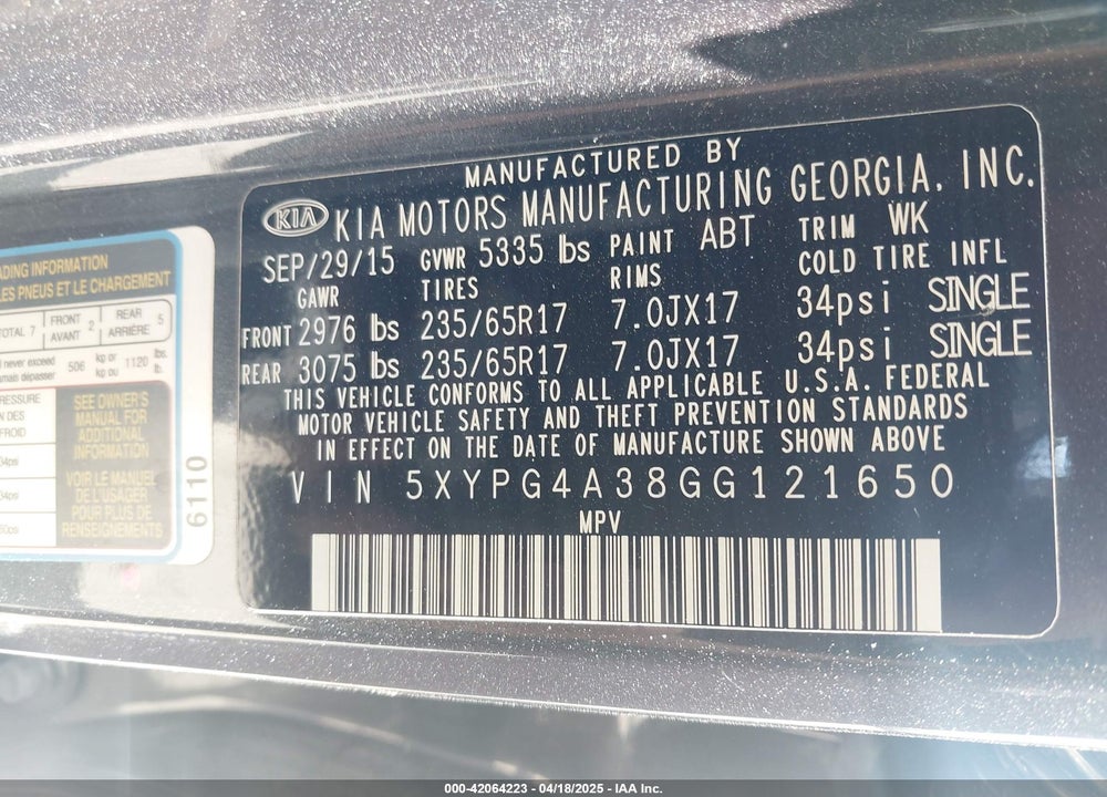2016 KIA SORENTO VIN: 5XYPG4A38GG121650