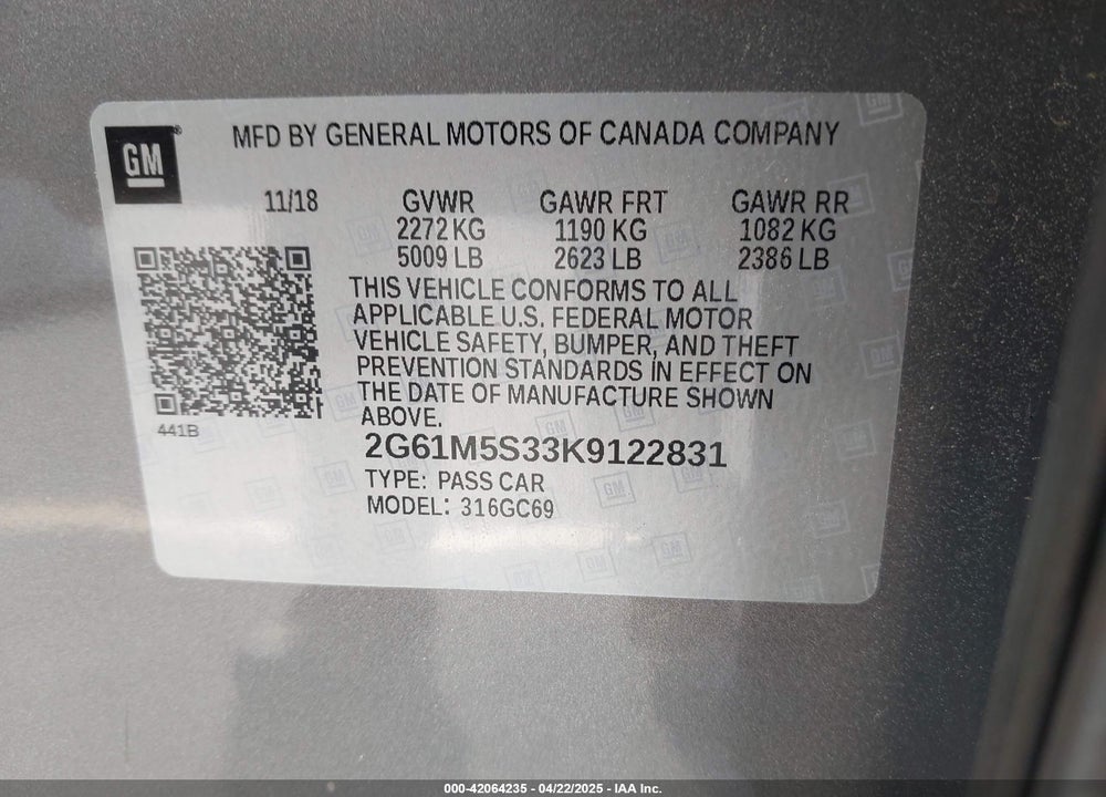 2019 CADILLAC XTS LUXURY VIN: 2G61M5S33K9122831