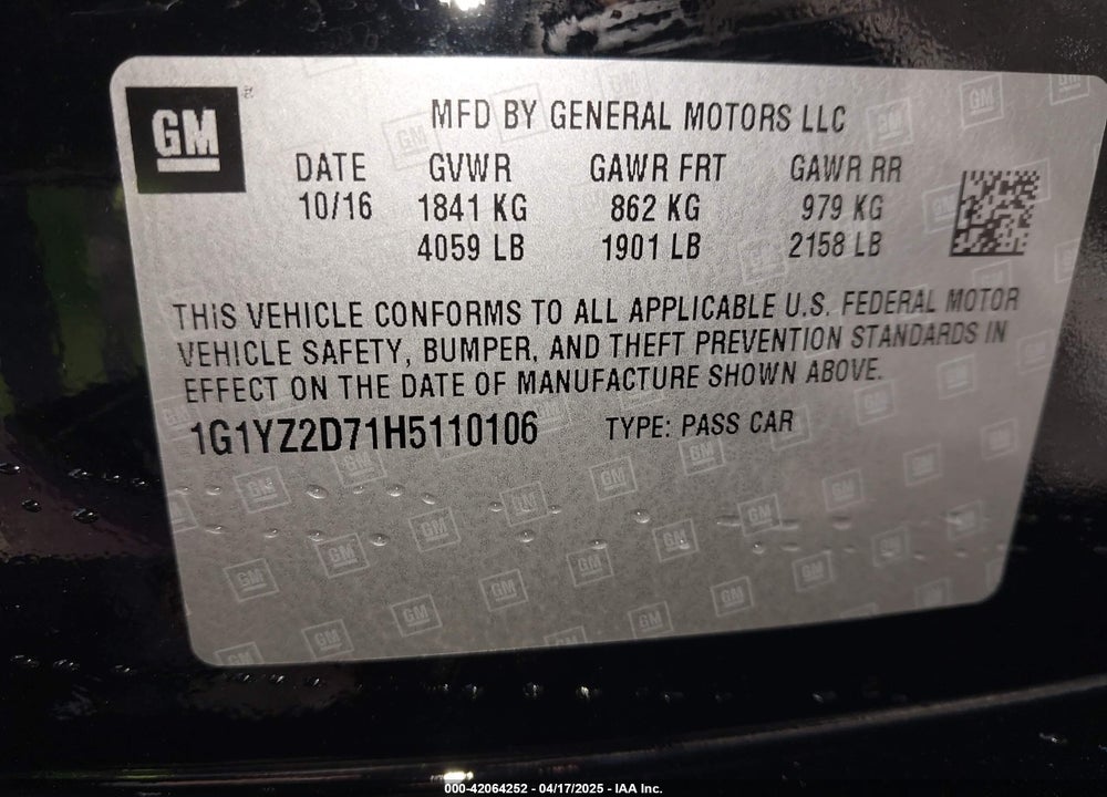 2017 CHEVROLET CORVETTE GRAND SPORT VIN: 1G1YZ2D71H5110106
