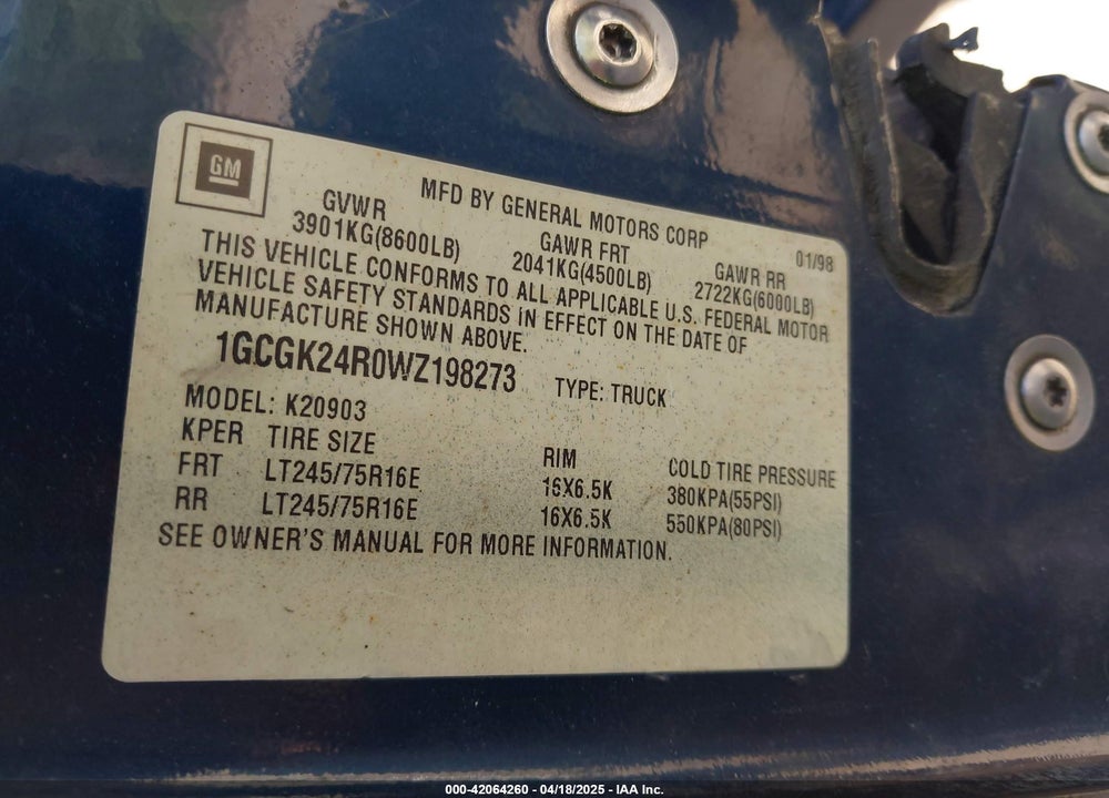 1998 CHEVROLET K2500 FLEETSIDE VIN: 1GCGK24R0WZ198273