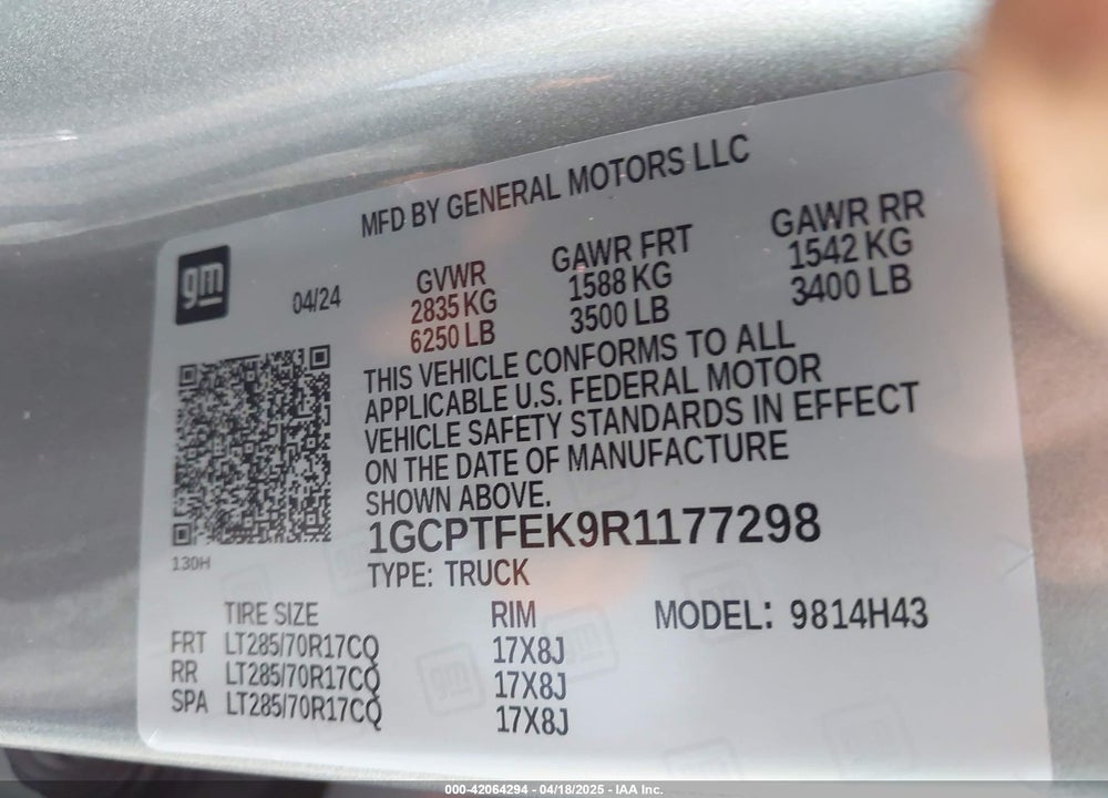 2024 CHEVROLET COLORADO 4WD ZR2 VIN: 1GCPTFEK9R1177298