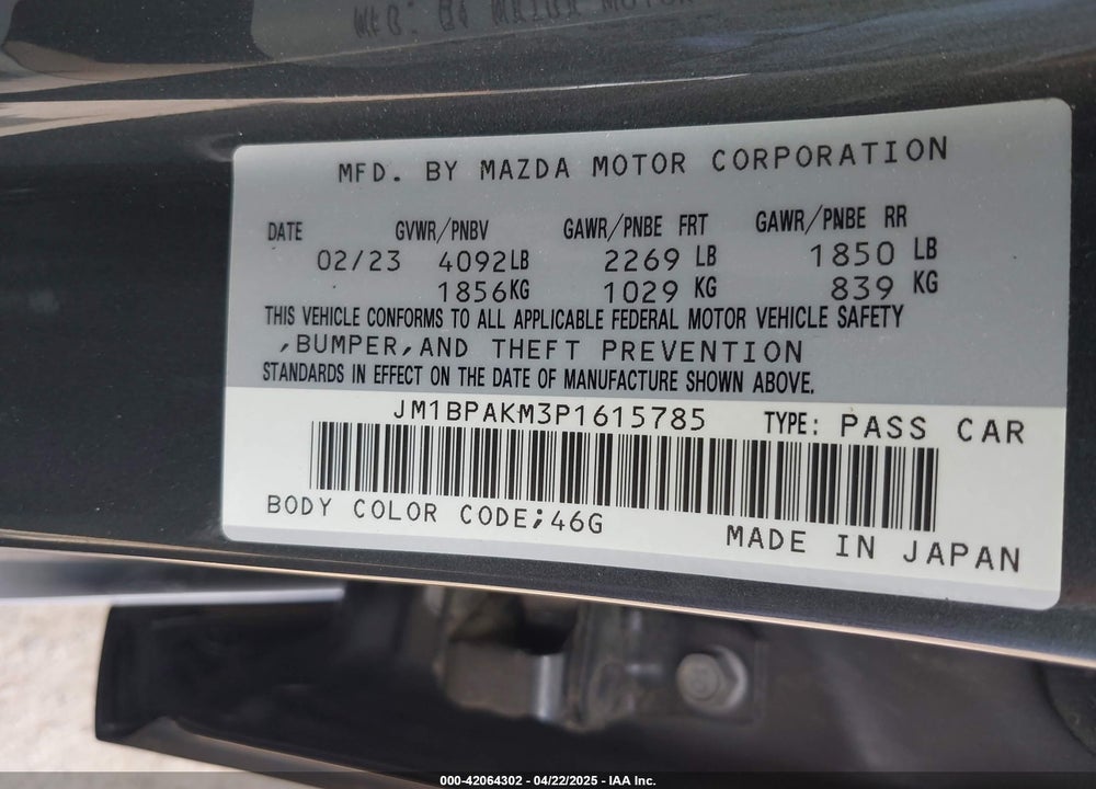 2023 MAZDA MAZDA3 VIN: JM1BPAKM3P1615785