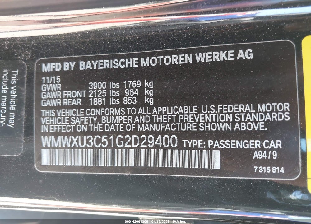 2016 MINI COOPER VIN: WMWXU3C51G2D29400