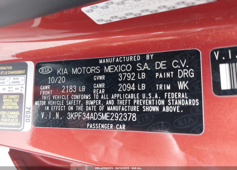 2021 KIA FORTE GT LINE VIN: 3KPF34AD5ME292378