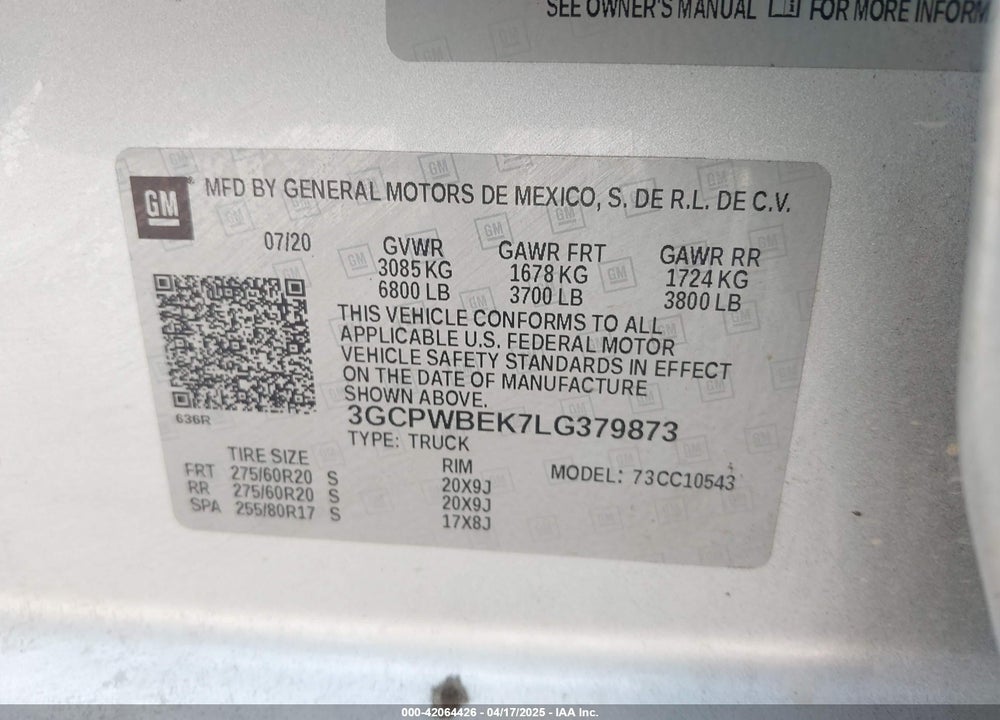 2020 CHEVROLET SILVERADO 1500 VIN: 3GCPWBEK7LG379873