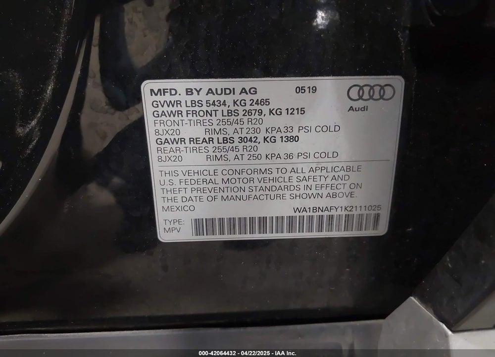 2019 AUDI Q5 VIN: WA1BNAFY1K2111025